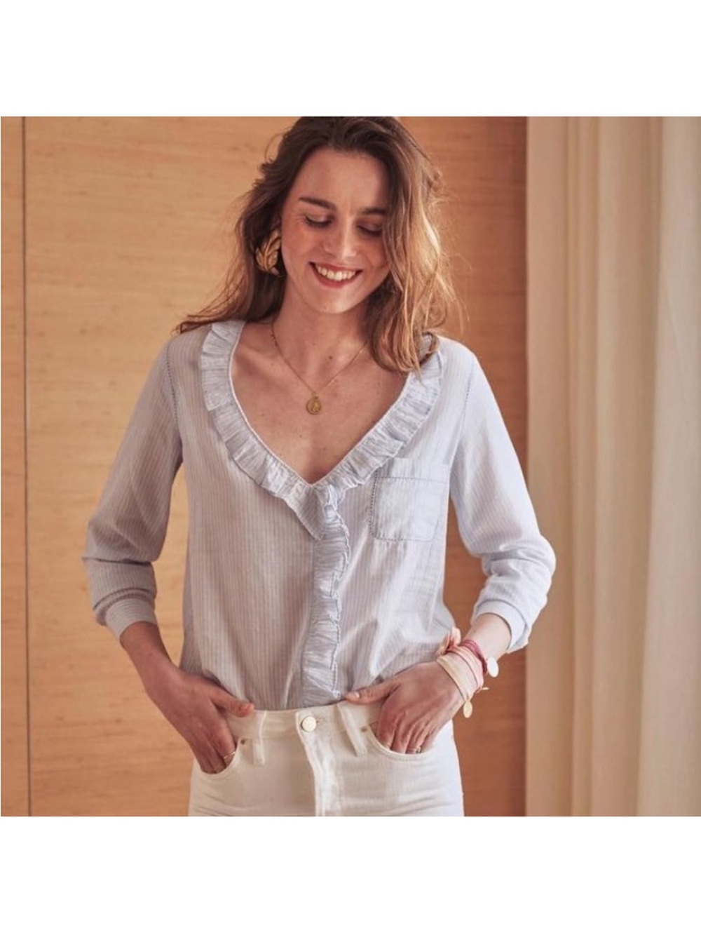 Sezane Light Blue cotton Striped Ruffle Capucine Blouse size 38/6